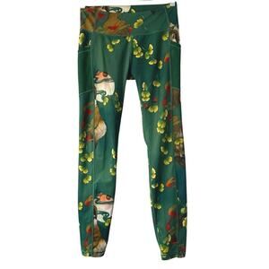 Iron Yokai Tanuki & Gingko Leaves Mid Rise Mesh Pocket Activewear Leggings Sz S